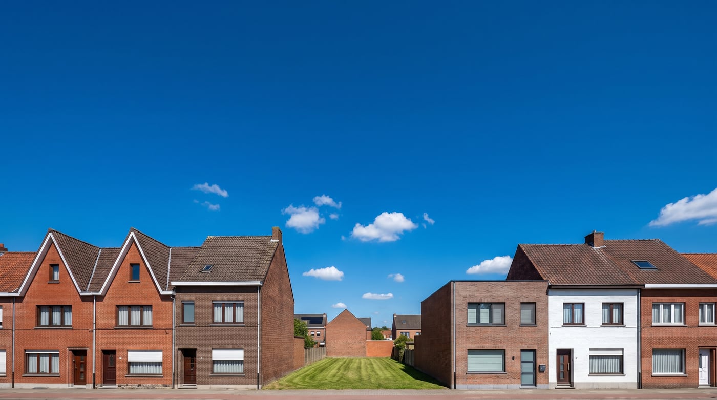 Een Vlaamse straat met rijwoningen en in het midden een leeg bouwperceel, onder een diepblauwe lucht