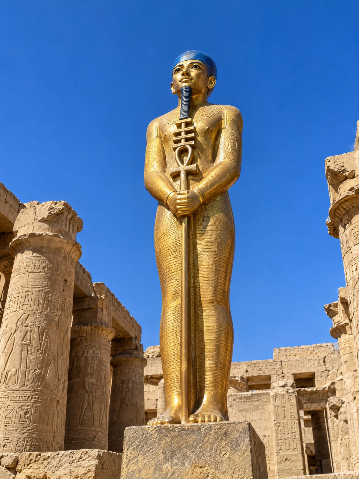 Vergulde beeld van Ptah met blauwe kap en scepter in een Egyptische tempel